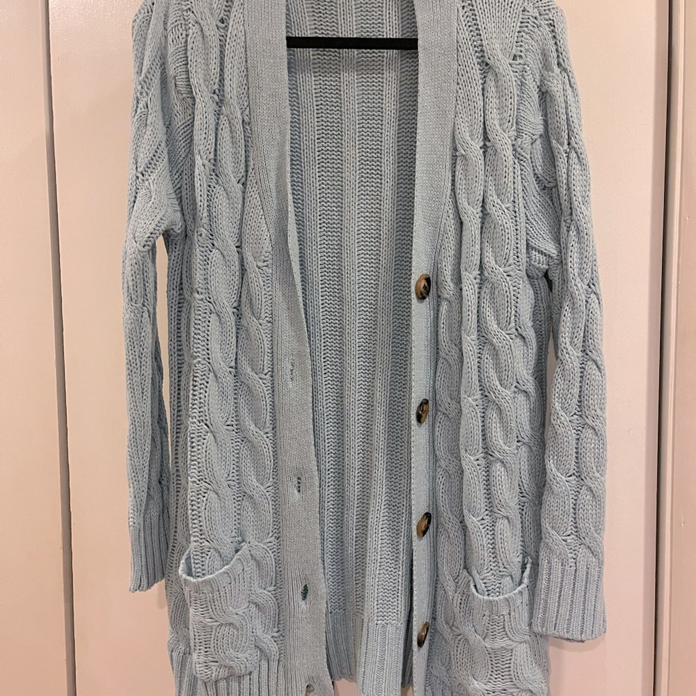 Light blue sweater cardigan. Warm/heavy. No tag. Size L/XL.